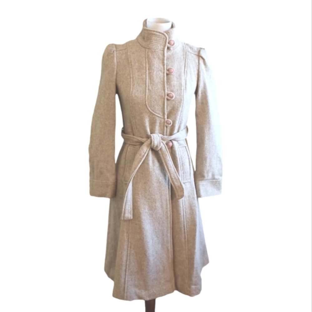 Vintage 50s 60s Wool Trench Coat Long Peacoat Tan Belted Woman's size 4 or XS